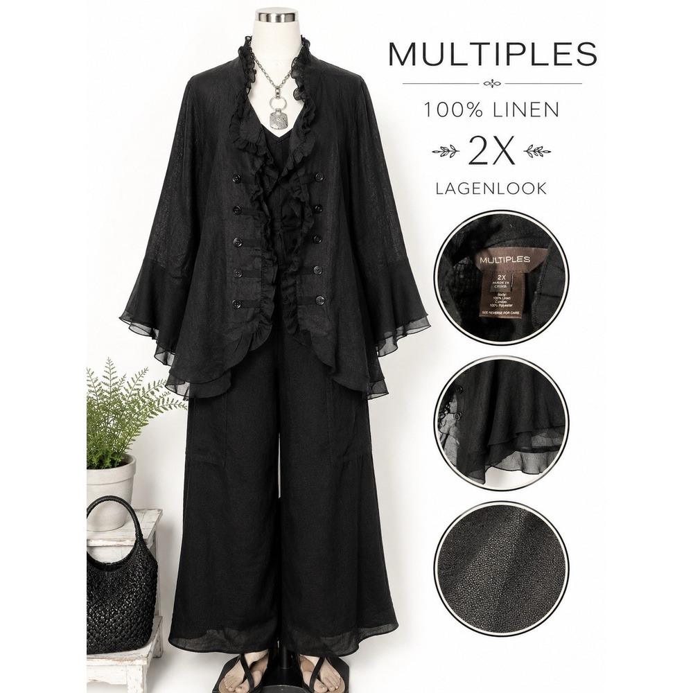 Multiples Womens 2X Black Linen Ruffle Front Jacket Blazer Sheer Layered Boho
